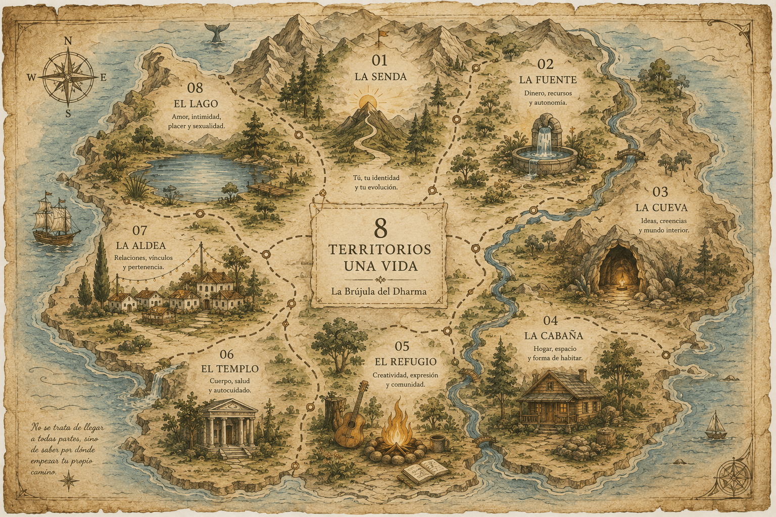 Mapa de los 8 territorios de la Brújula del Dharma: 01 · La Senda — Tú, tu identidad y tu evolución. 02 · La Fuente — Dinero, recursos y autonomía. 03 · La Cueva — Ideas, creencias y mundo interior. 04 · La Cabaña — Hogar, espacio y forma de habitar. 05 · El Refugio — Creatividad, expresión y comunidad. 06 · El Templo — Cuerpo, salud y autocuidado. 07 · La Aldea — Relaciones, vínculos y pertenencia. 08 · El Lago — Amor, intimidad, placer y sexualidad.